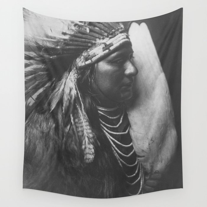Native American Nez Perce Brave Plateau area tribe black and white American West photography Wall Tapestry