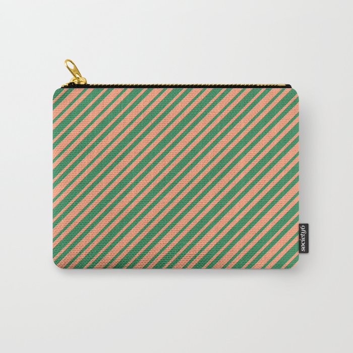 Sea Green and Light Salmon Colored Striped/Lined Pattern Carry-All Pouch