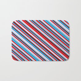 [ Thumbnail: Eyecatching Sky Blue, Dark Red, Deep Sky Blue, Red & Lavender Colored Lines/Stripes Pattern Bath Mat ]