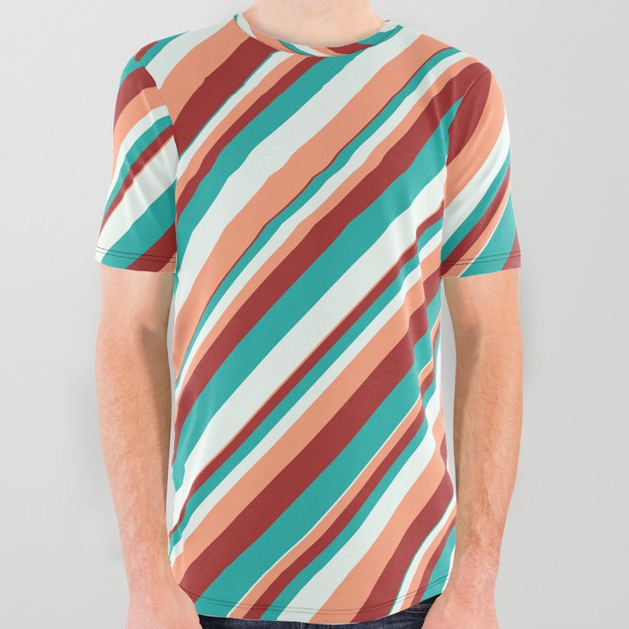 Light Sea Green, Mint Cream, Light Salmon, and Brown Colored Striped Pattern All Over Graphic Tee
