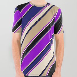 [ Thumbnail: Eye-catching Tan, Dark Violet, Beige, Black, and Midnight Blue Colored Lined/Striped Pattern All Over Graphic Tee ]