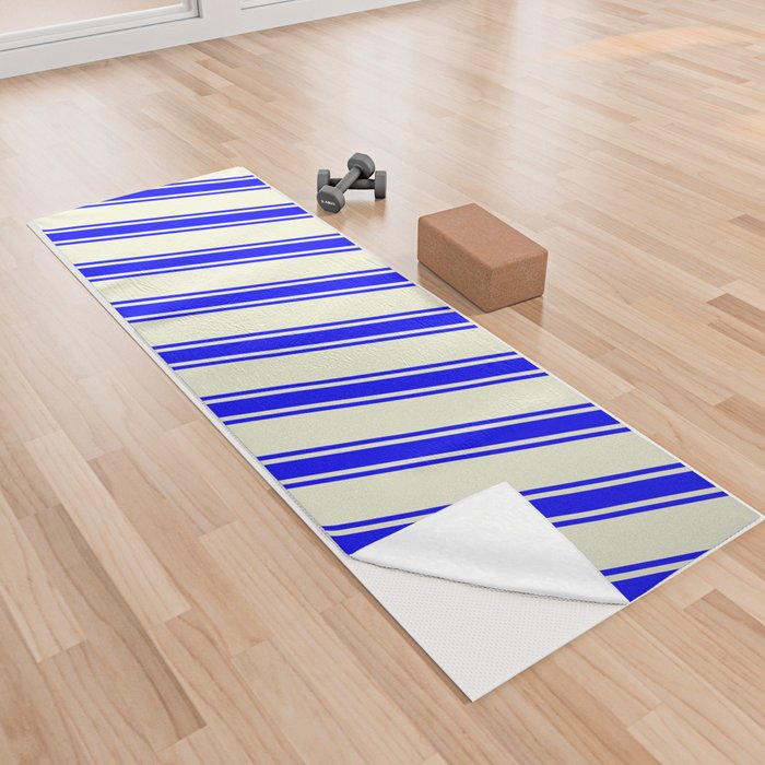 Beige and Blue Colored Lined/Striped Pattern Yoga Towel
