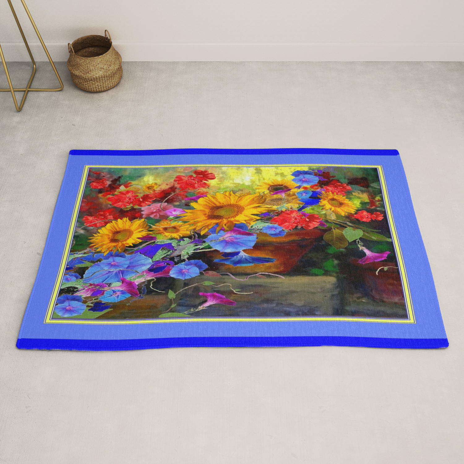Sunflower Blue Morning Glories Still Life Painting Rug By