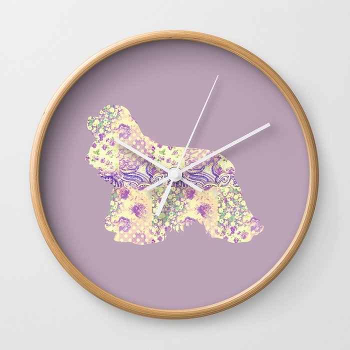 American Cocker Spaniel Vintage Floral Pattern Mauve Lilac Lavender Cream Wall Clock