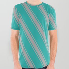 [ Thumbnail: Light Sea Green & Dark Gray Colored Stripes Pattern All Over Graphic Tee ]