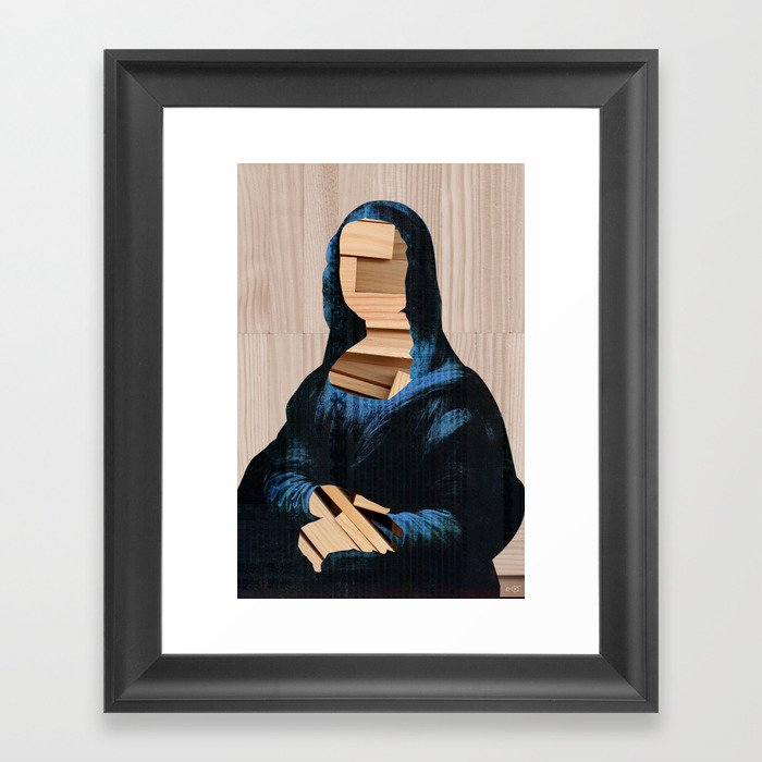 Mona Lisa - blue shining WoodCut Collage 2 Framed Art Print