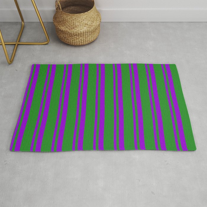 Dark Violet and Forest Green Colored Stripes/Lines Pattern Rug
