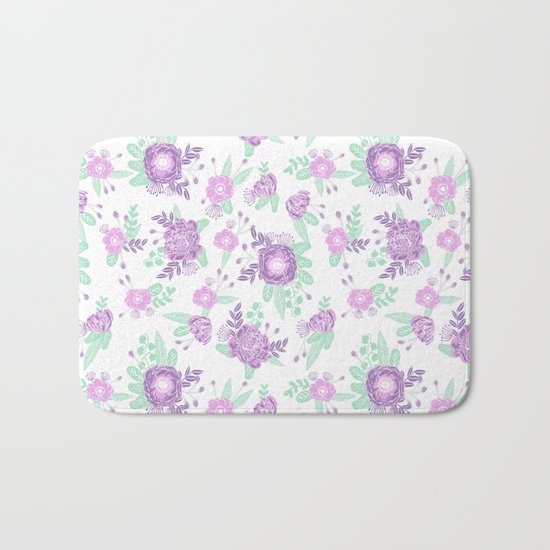 Floral pattern minimal painted nursery mint and purple pastel decor florals Bath Mat