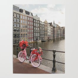 Houses Of Amsterdam Photo | Pink Bike With Flowers Art Print | Europe City Color Travel Photography Poster