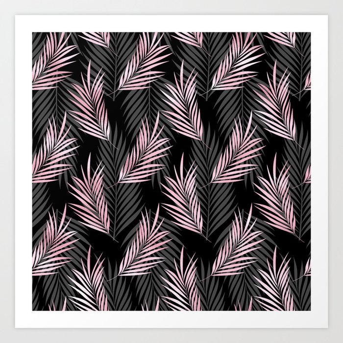 Pretty Girly Palm Leaves Pink Black Pattern Art Print