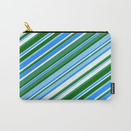 [ Thumbnail: Eye-catching Blue, Mint Cream, Sea Green, Dark Green & Light Sky Blue Colored Lined Pattern Carry-All Pouch ]
