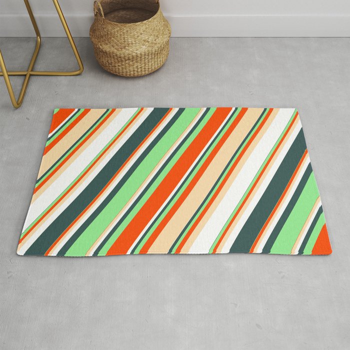 Light Green, Red, Tan, White, and Dark Slate Gray Colored Striped Pattern Rug