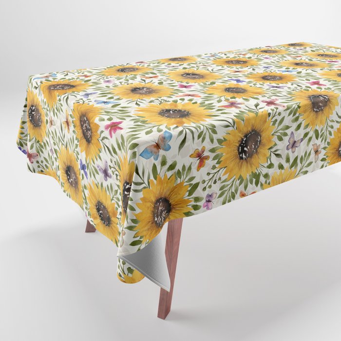 Watercolor Sunflowers and Butterflies | Golden Summer Floral Tablecloth