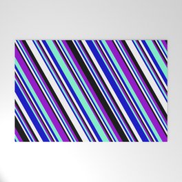 [ Thumbnail: Vibrant Dark Violet, Aquamarine, Blue, White, and Black Colored Striped/Lined Pattern Welcome Mat ]