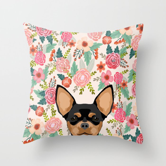 Chihuahua dog floral pet pure breed gifts for chihuahua black and tan Throw Pillow
