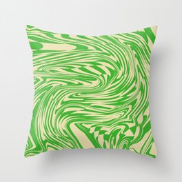 Psychedelic Warped Marble Wavy Checkerboard in Green and Cream Throw Pillow