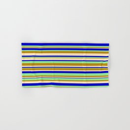 [ Thumbnail: Light Green, Dark Goldenrod, Beige, and Blue Colored Stripes/Lines Pattern Hand & Bath Towel ]