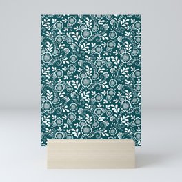 Teal Blue And White Eastern Floral Pattern Mini Art Print