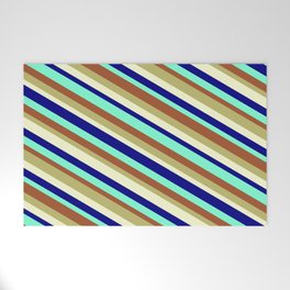 [ Thumbnail: Eye-catching Sienna, Dark Khaki, Light Yellow, Blue, and Aquamarine Colored Striped/Lined Pattern Welcome Mat ]