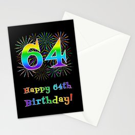 [ Thumbnail: 64th Birthday - Fun Rainbow Spectrum Gradient Pattern Text, Bursting Fireworks Inspired Background Stationery Cards ]