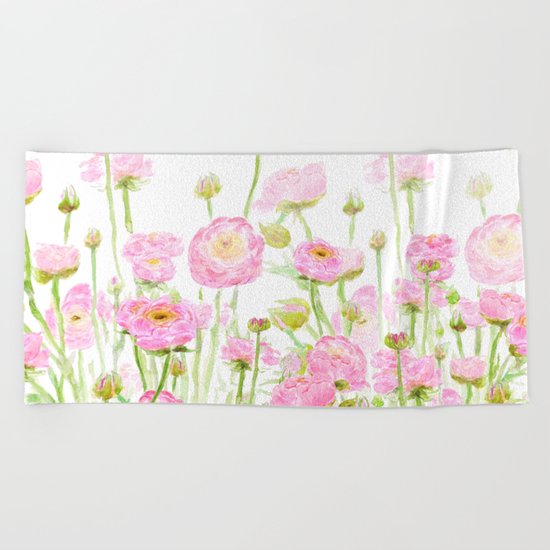 pink buttercup ranunculus field watercolor Beach Towel