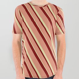 [ Thumbnail: Maroon, Dark Salmon & Pale Goldenrod Colored Stripes Pattern All Over Graphic Tee ]