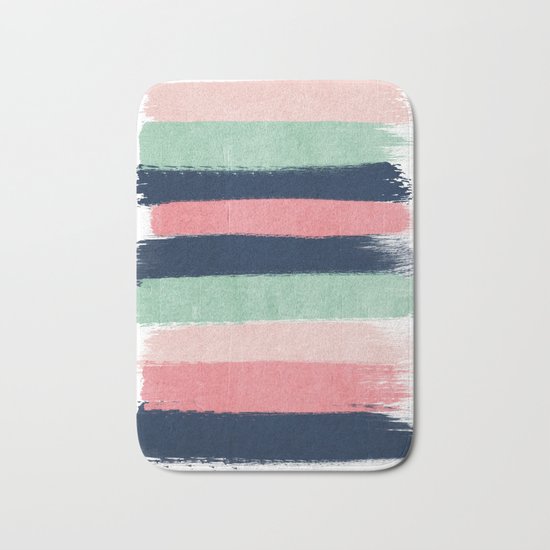 Painted stripe stripes mint navy pink modern color palette painterly minimalist nursery art Bath Mat
