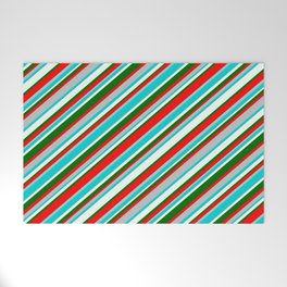 [ Thumbnail: Vibrant Red, Grey, Dark Turquoise, Mint Cream, and Dark Green Colored Striped/Lined Pattern Welcome Mat ]