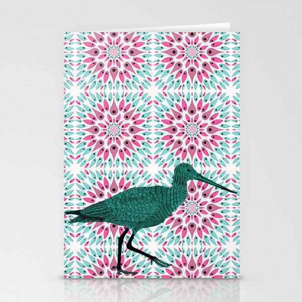 Sandpiper bird walking on a pink and turquoise mandala paisley explosion pattern Stationery Cards
