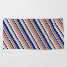 [ Thumbnail: Coral, Light Blue, Midnight Blue & Gray Colored Lines Pattern Beach Towel ]