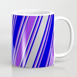 [ Thumbnail: Grey, Blue & Purple Colored Stripes Pattern Coffee Mug ]