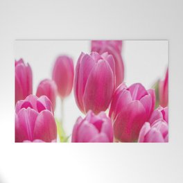 Summer cheerful bright pink tulips art print - spring flowers green leaves - nature photography Welcome Mat