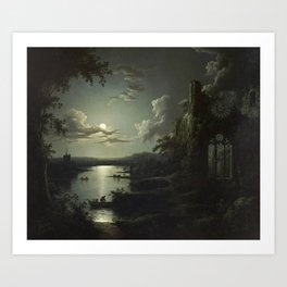 The Beautiful Ruins, Boats on a Moonlit Lake with Gothic Church landscape painting by Sebastian Pether Art Print