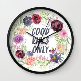 Wreath Good Vibes Only with purple flowers Wall Clock