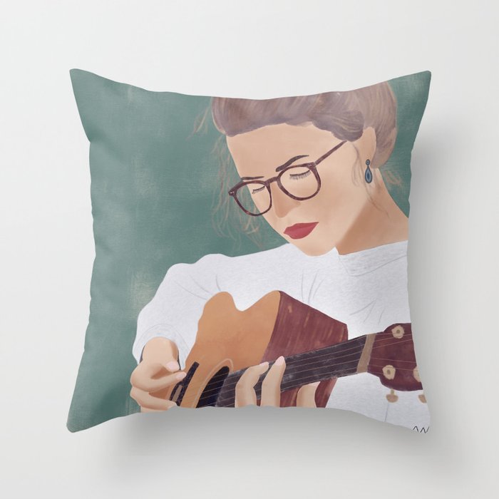 Girl playing guitar illustration art print Throw Pillow