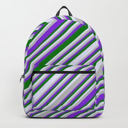 [ Thumbnail: Grey, Purple, Green & Lavender Colored Lines/Stripes Pattern Backpack ]
