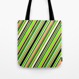 [ Thumbnail: Eyecatching Chartreuse, Light Salmon, Forest Green, Beige & Black Colored Striped/Lined Pattern Tote Bag ]