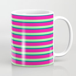 [ Thumbnail: Green, Teal, and Deep Pink Colored Stripes Pattern Coffee Mug ]