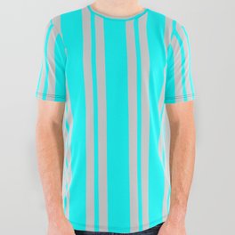 [ Thumbnail: Cyan & Light Gray Colored Pattern of Stripes All Over Graphic Tee ]