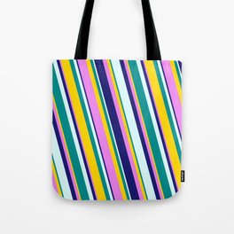 [ Thumbnail: Eye-catching Yellow, Violet, Midnight Blue, Light Cyan, and Dark Cyan Colored Stripes/Lines Pattern Tote Bag ]