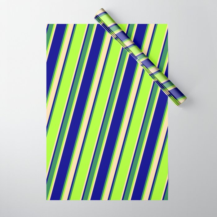 Light Green, Tan, Dark Blue & Sea Green Colored Striped Pattern Wrapping Paper
