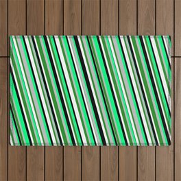 [ Thumbnail: Eye-catching Green, Grey, Forest Green, White, and Black Colored Stripes/Lines Pattern Outdoor Rug ]