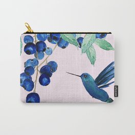 blueberry and humming bird Carry-All Pouch | Watercolorblueberry, Bluehummingbird, Pink, Bluefruit, Fruitarts, Watercolorbirds, Vintagearts, Green, Painting, Naturearts 