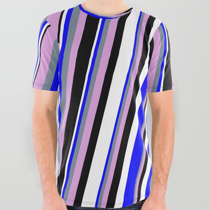 Blue, Light Slate Gray, Plum, Black & White Colored Stripes/Lines Pattern All Over Graphic Tee