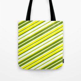 [ Thumbnail: Yellow, Green & Mint Cream Colored Lined Pattern Tote Bag ]