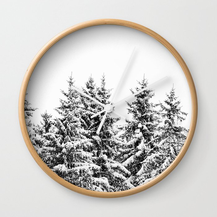 Snowy Pine Trees in Black and White | French Nature Photography Wall Clock