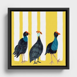 Three Birds Walking - Blue and Yellow Framed Canvas