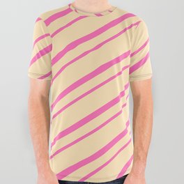 [ Thumbnail: Hot Pink & Beige Colored Lines/Stripes Pattern All Over Graphic Tee ]