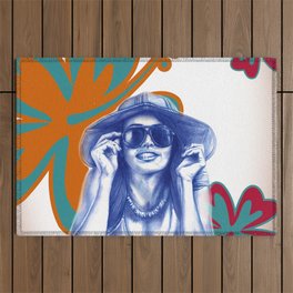 Girl in Blue at the Beach Outdoor Rug