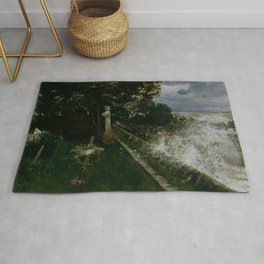 Lonely seaside cemetery during the coastal storm nor' easter martime landscape painting by Adolf Hirémy-Hirschl for home, bedroom, and wall decor Rug